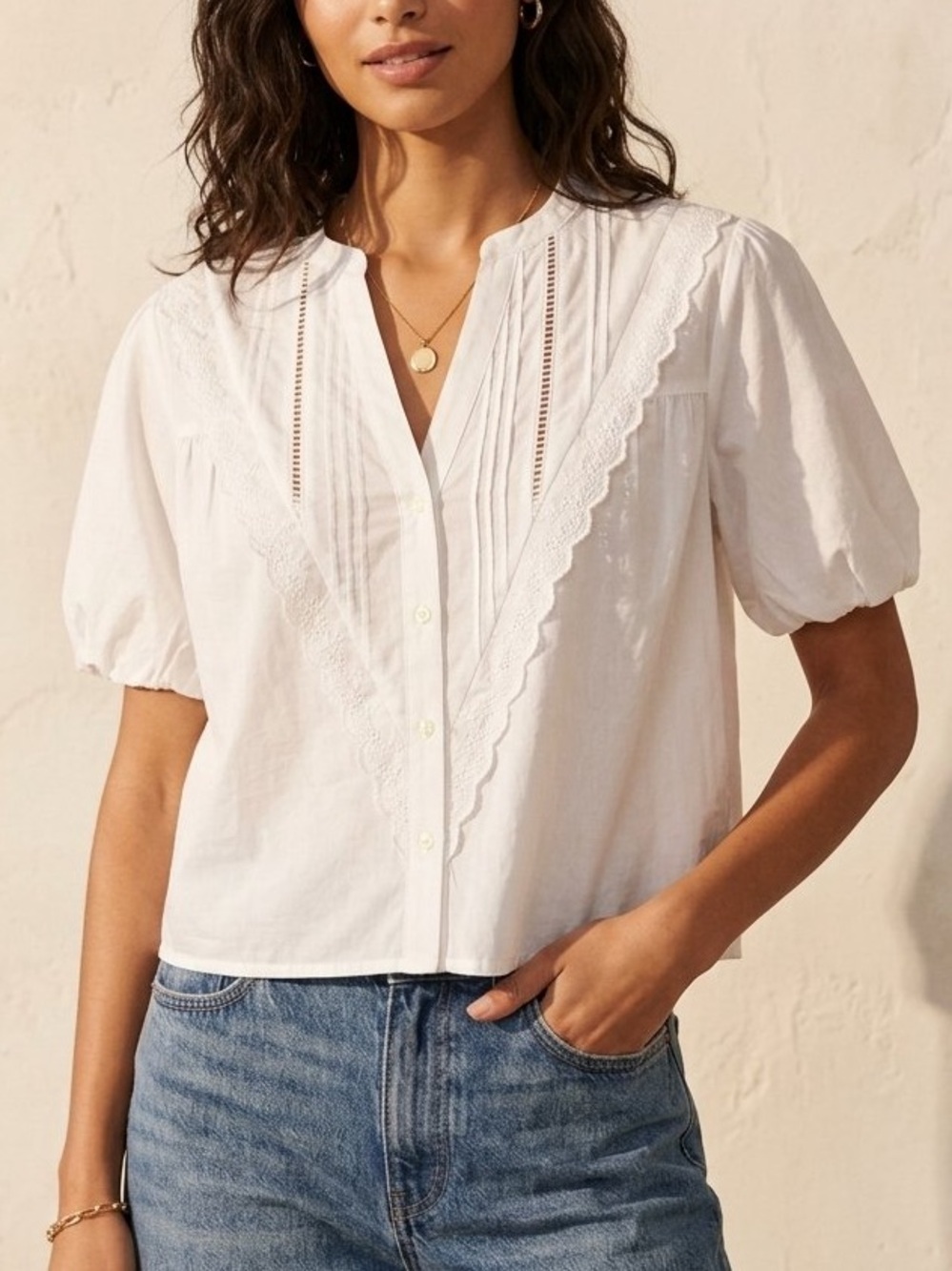 Chelsea & Theodore White Eyelet Lace Ruffle Blouse Medium